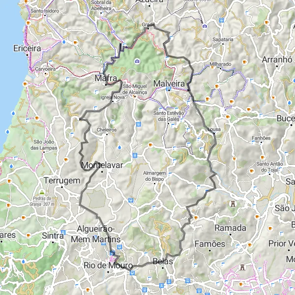 Miniatura do mapa de inspiração para ciclismo "Rota de Ciclismo de Estrada de Cacém a Montelavar" em Área Metropolitana de Lisboa, Portugal. Gerado pelo planejador de rotas de ciclismo Tarmacs.app