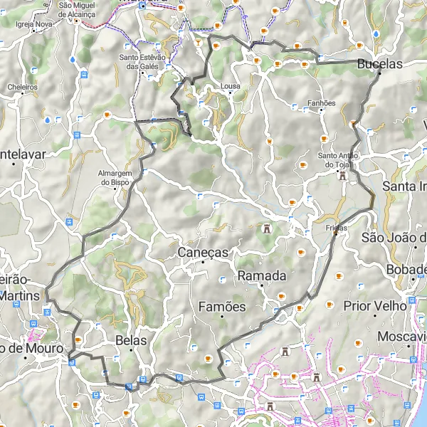 Miniatura do mapa de inspiração para ciclismo "Rota de Estrada Agualva-Cacém-Amadora" em Área Metropolitana de Lisboa, Portugal. Gerado pelo planejador de rotas de ciclismo Tarmacs.app