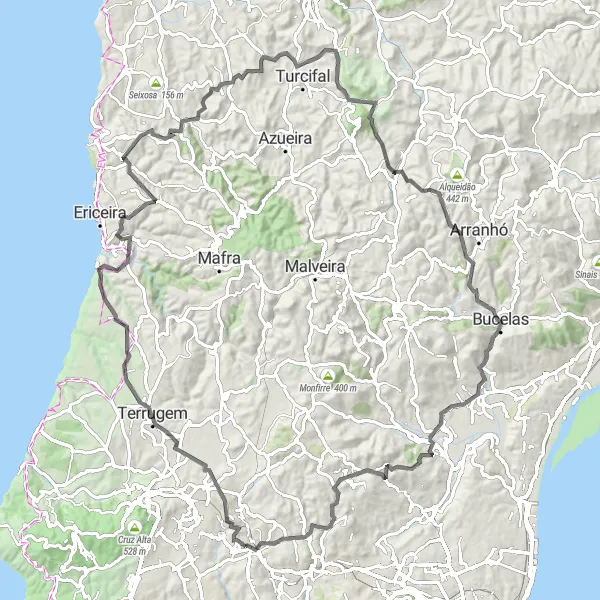 Miniatura do mapa de inspiração para ciclismo "Desafio pela Serra de Sintra" em Área Metropolitana de Lisboa, Portugal. Gerado pelo planejador de rotas de ciclismo Tarmacs.app