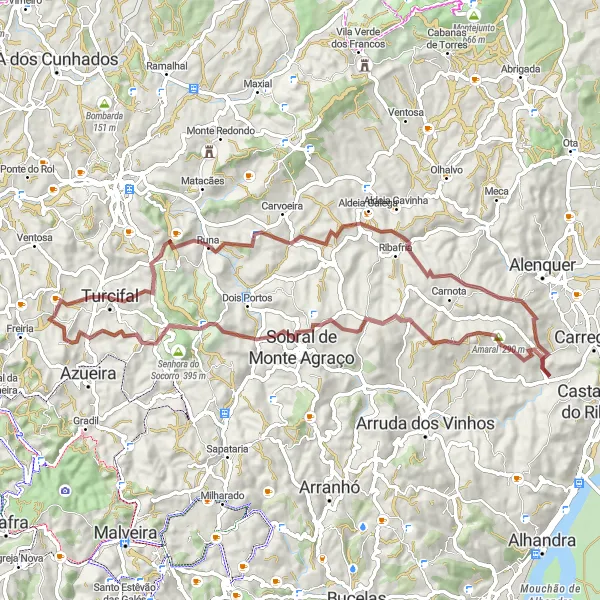 Map miniature of "Cadafais Gravel Explorer" cycling inspiration in Área Metropolitana de Lisboa, Portugal. Generated by Tarmacs.app cycling route planner