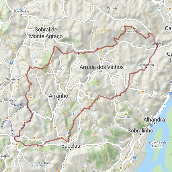 Map miniature of "Cadafais Gravel Adventure" cycling inspiration in Área Metropolitana de Lisboa, Portugal. Generated by Tarmacs.app cycling route planner