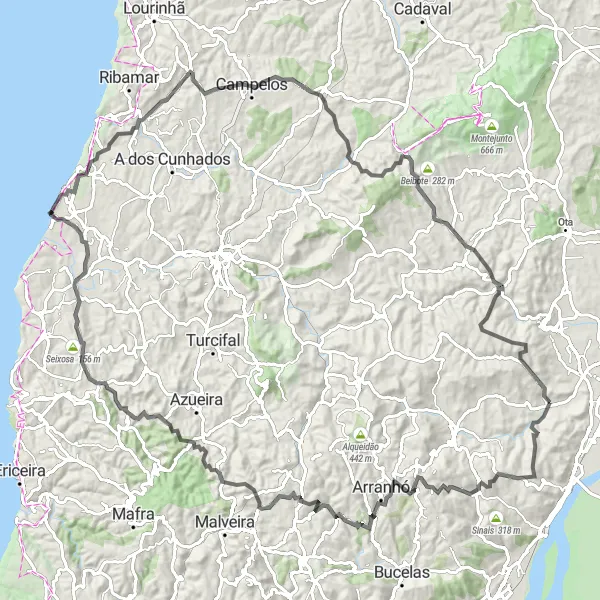 Map miniature of "Road Cycling Route: Cadafais to Cabreira" cycling inspiration in Área Metropolitana de Lisboa, Portugal. Generated by Tarmacs.app cycling route planner