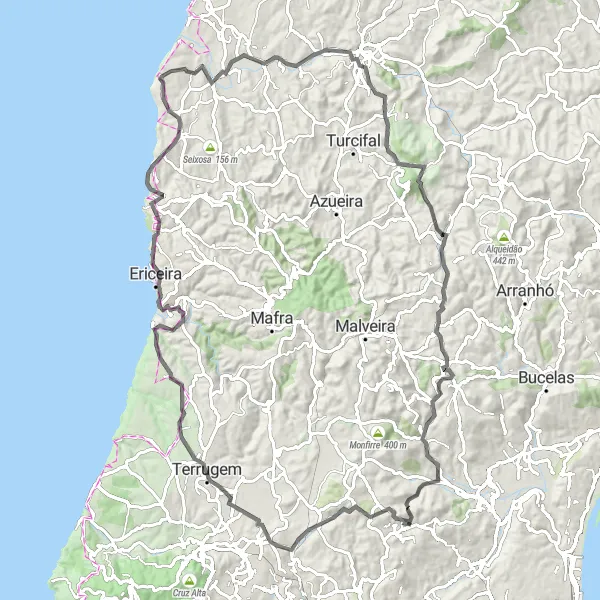 Map miniature of "Exploring the Hills of São João das Lampas" cycling inspiration in Área Metropolitana de Lisboa, Portugal. Generated by Tarmacs.app cycling route planner