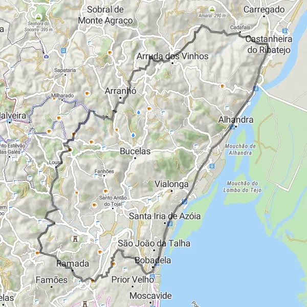 Miniatura do mapa de inspiração para ciclismo "Exploração em Montachique e Caneças" em Área Metropolitana de Lisboa, Portugal. Gerado pelo planejador de rotas de ciclismo Tarmacs.app