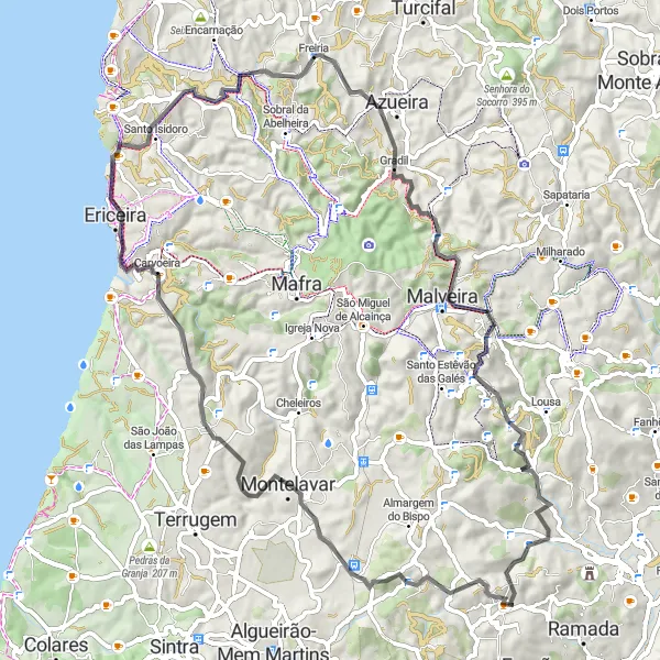 Map miniature of "Scenic Road Cycling Loop" cycling inspiration in Área Metropolitana de Lisboa, Portugal. Generated by Tarmacs.app cycling route planner