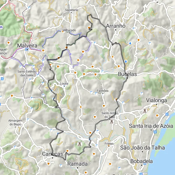 Miniatura do mapa de inspiração para ciclismo "Volta das Sardinhas e Bica" em Área Metropolitana de Lisboa, Portugal. Gerado pelo planejador de rotas de ciclismo Tarmacs.app