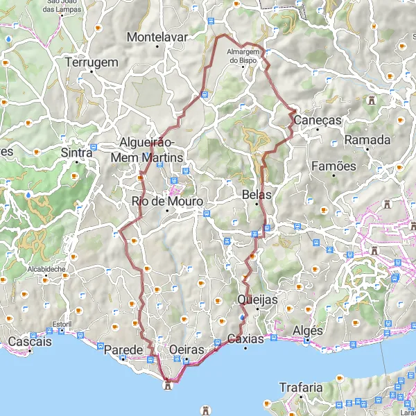 Miniatura do mapa de inspiração para ciclismo "Circuito das Fortalezas" em Área Metropolitana de Lisboa, Portugal. Gerado pelo planejador de rotas de ciclismo Tarmacs.app