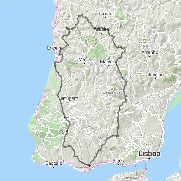 Miniatura do mapa de inspiração para ciclismo "Rota das Pedras da Granja e Freiria" em Área Metropolitana de Lisboa, Portugal. Gerado pelo planejador de rotas de ciclismo Tarmacs.app