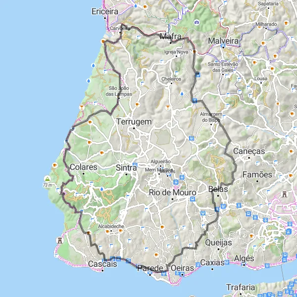 Miniatura do mapa de inspiração para ciclismo "Rota do Anfiteatro Natural da Pedra do Sal" em Área Metropolitana de Lisboa, Portugal. Gerado pelo planejador de rotas de ciclismo Tarmacs.app