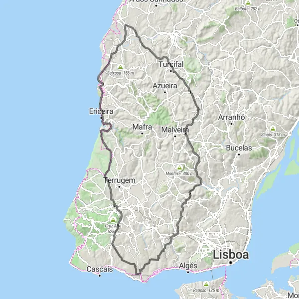 Miniatura do mapa de inspiração para ciclismo "Rota da Correnteza e Casalinhos de Alfaiata" em Área Metropolitana de Lisboa, Portugal. Gerado pelo planejador de rotas de ciclismo Tarmacs.app
