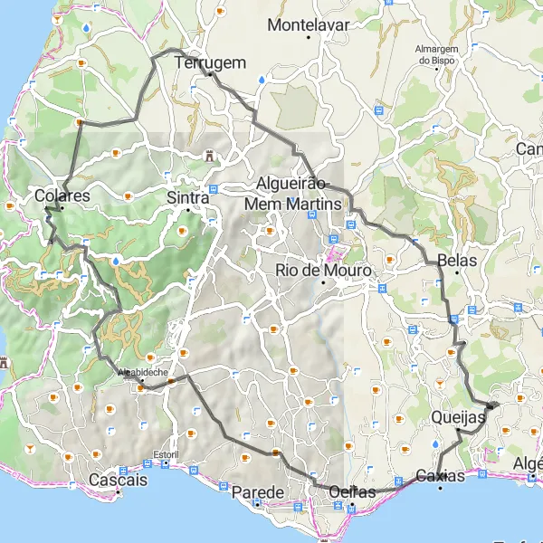 Miniatura do mapa de inspiração para ciclismo "Circuito Pelourinho de Oeiras" em Área Metropolitana de Lisboa, Portugal. Gerado pelo planejador de rotas de ciclismo Tarmacs.app