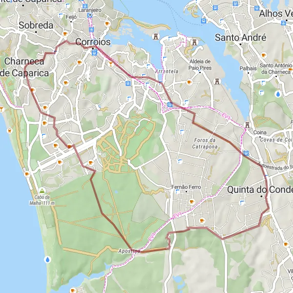 Miniatura do mapa de inspiração para ciclismo "Caminho de Gravel pelas Aldeias Perto de Charneca de Caparica" em Área Metropolitana de Lisboa, Portugal. Gerado pelo planejador de rotas de ciclismo Tarmacs.app