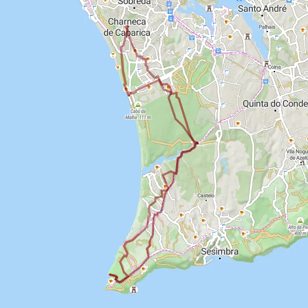 Miniatura do mapa de inspiração para ciclismo "Trilha de Gravel pelas Paisagens Excepcionais perto de Charneca de Caparica" em Área Metropolitana de Lisboa, Portugal. Gerado pelo planejador de rotas de ciclismo Tarmacs.app