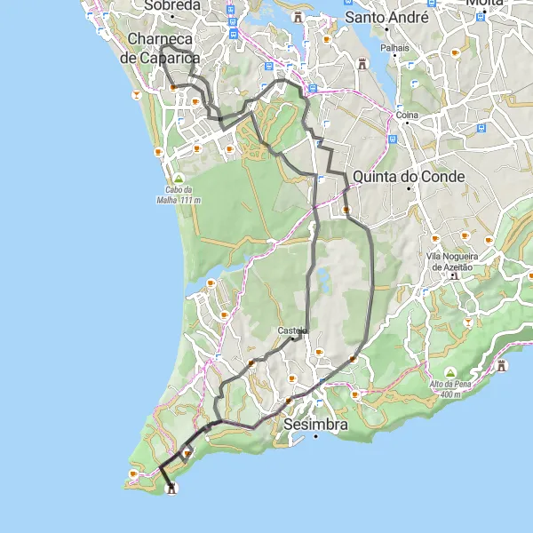 Map miniature of "Secador Solar and Monumento Natural da Pedreira do Avelino" cycling inspiration in Área Metropolitana de Lisboa, Portugal. Generated by Tarmacs.app cycling route planner