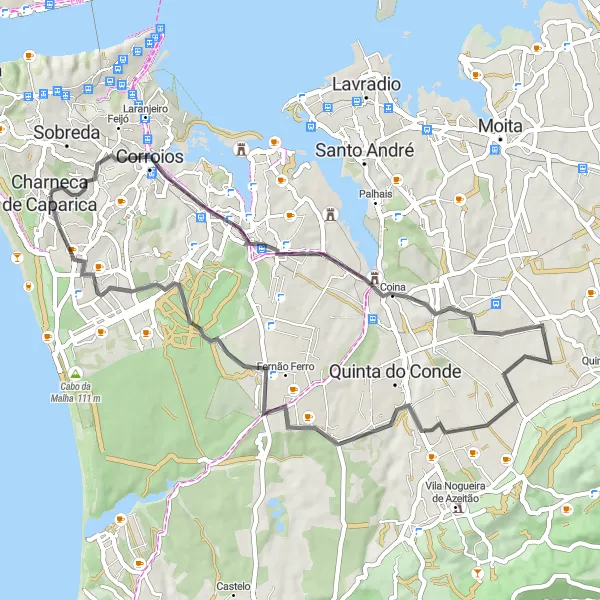 Miniatura do mapa de inspiração para ciclismo "Passeio de Bicicleta por Charneca de Caparica e Arredores" em Área Metropolitana de Lisboa, Portugal. Gerado pelo planejador de rotas de ciclismo Tarmacs.app