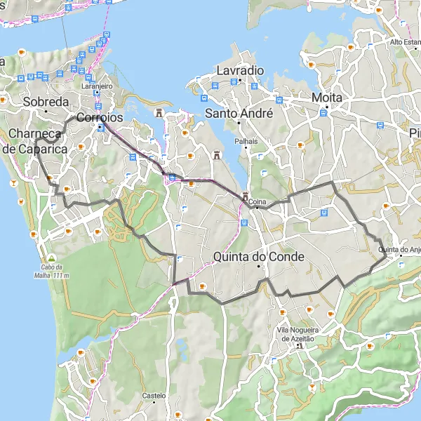 Map miniature of "Corroios and São Francisco Loop" cycling inspiration in Área Metropolitana de Lisboa, Portugal. Generated by Tarmacs.app cycling route planner