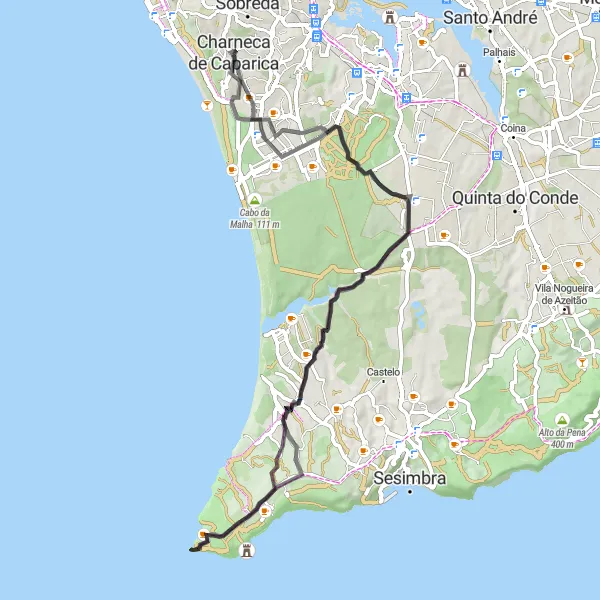 Map miniature of "Fernão Ferro and Miradouro do Zimbral Excursion" cycling inspiration in Área Metropolitana de Lisboa, Portugal. Generated by Tarmacs.app cycling route planner