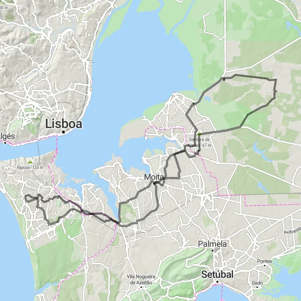 Map miniature of "Charneca de Caparica and Senhora da Atalaia Tour" cycling inspiration in Área Metropolitana de Lisboa, Portugal. Generated by Tarmacs.app cycling route planner