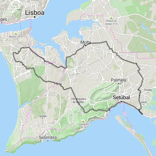 Miniatura do mapa de inspiração para ciclismo "Desafio de Ciclismo por Charneca de Caparica e Além" em Área Metropolitana de Lisboa, Portugal. Gerado pelo planejador de rotas de ciclismo Tarmacs.app