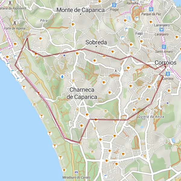 Miniatura do mapa de inspiração para ciclismo "Passeio pela Costa da Caparica" em Área Metropolitana de Lisboa, Portugal. Gerado pelo planejador de rotas de ciclismo Tarmacs.app