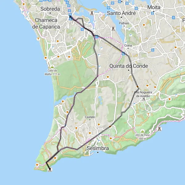 Miniatura do mapa de inspiração para ciclismo "Rota pela Costa de Setúbal" em Área Metropolitana de Lisboa, Portugal. Gerado pelo planejador de rotas de ciclismo Tarmacs.app