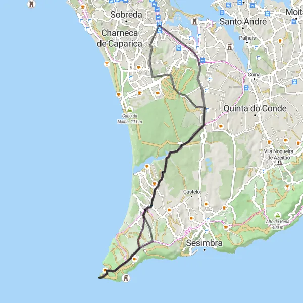 Miniatura do mapa de inspiração para ciclismo "Rota dos Dinossauros" em Área Metropolitana de Lisboa, Portugal. Gerado pelo planejador de rotas de ciclismo Tarmacs.app