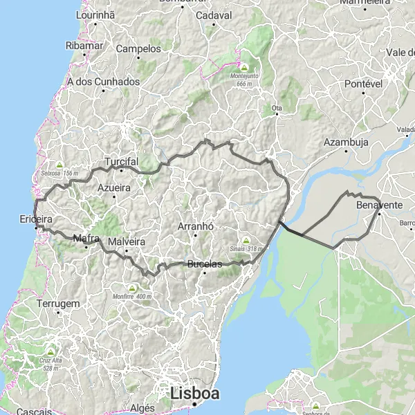 Miniatura do mapa de inspiração para ciclismo "Desafio das Colinas de Alenquer" em Área Metropolitana de Lisboa, Portugal. Gerado pelo planejador de rotas de ciclismo Tarmacs.app