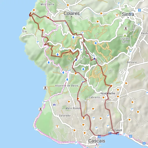 Map miniature of "Hidden Gravel Treasures" cycling inspiration in Área Metropolitana de Lisboa, Portugal. Generated by Tarmacs.app cycling route planner