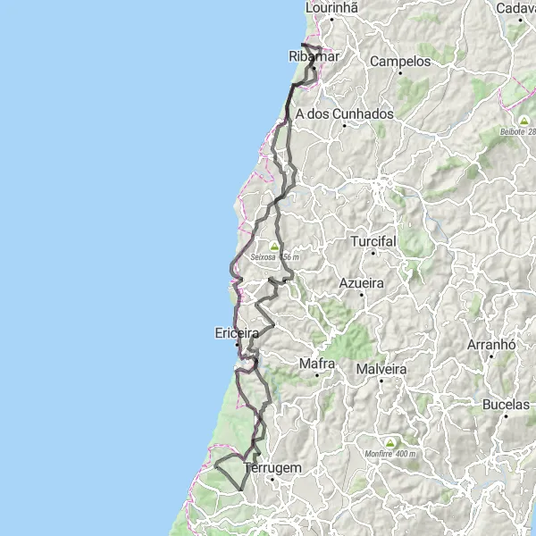 Miniatura do mapa de inspiração para ciclismo "Aventura Road até Ericeira" em Área Metropolitana de Lisboa, Portugal. Gerado pelo planejador de rotas de ciclismo Tarmacs.app
