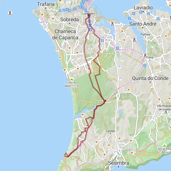 Miniatura do mapa de inspiração para ciclismo "Circuito das Colinas de Laranjeiro" em Área Metropolitana de Lisboa, Portugal. Gerado pelo planejador de rotas de ciclismo Tarmacs.app