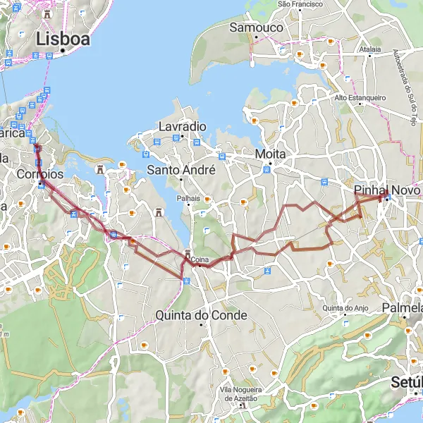 Miniatura do mapa de inspiração para ciclismo "Caminho do Pinhal Novo e Coina" em Área Metropolitana de Lisboa, Portugal. Gerado pelo planejador de rotas de ciclismo Tarmacs.app