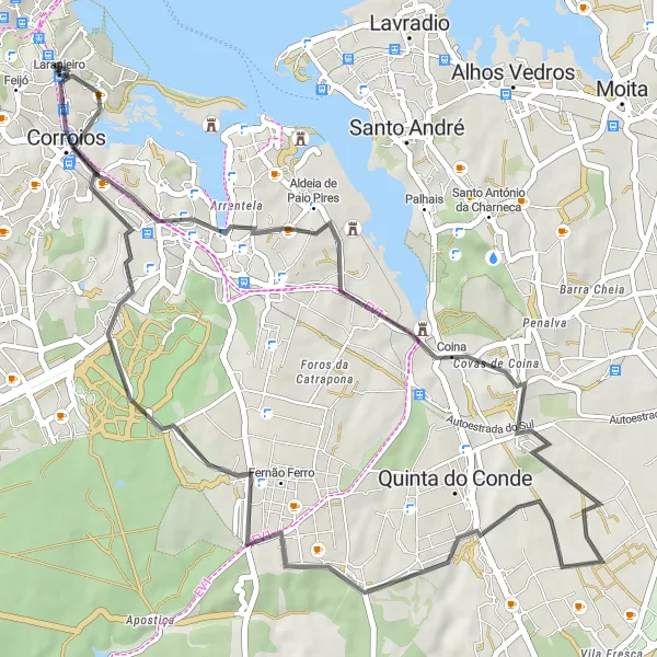 Miniatura do mapa de inspiração para ciclismo "Rota Costeira de Laranjeiro" em Área Metropolitana de Lisboa, Portugal. Gerado pelo planejador de rotas de ciclismo Tarmacs.app