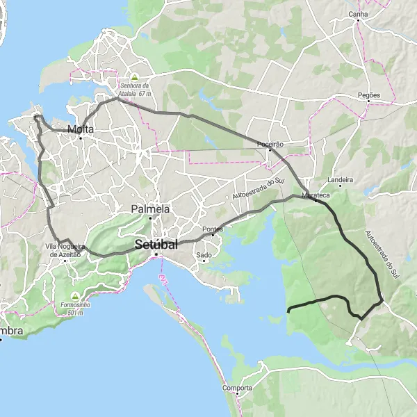 Map miniature of "Sarilhos Grandes Adventure" cycling inspiration in Área Metropolitana de Lisboa, Portugal. Generated by Tarmacs.app cycling route planner