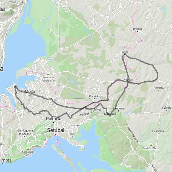 Map miniature of "Pinhal Novo Loop" cycling inspiration in Área Metropolitana de Lisboa, Portugal. Generated by Tarmacs.app cycling route planner