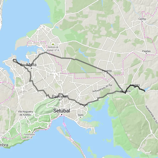 Map miniature of "Palmela Vineyards and Miradouro de Palmela" cycling inspiration in Área Metropolitana de Lisboa, Portugal. Generated by Tarmacs.app cycling route planner