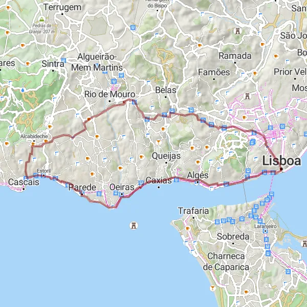 Map miniature of "The Scenic Gravel Loop featuring Miradouro de Santa Catarina, Cruz Quebrada-Dafundo, and Reboleira" cycling inspiration in Área Metropolitana de Lisboa, Portugal. Generated by Tarmacs.app cycling route planner