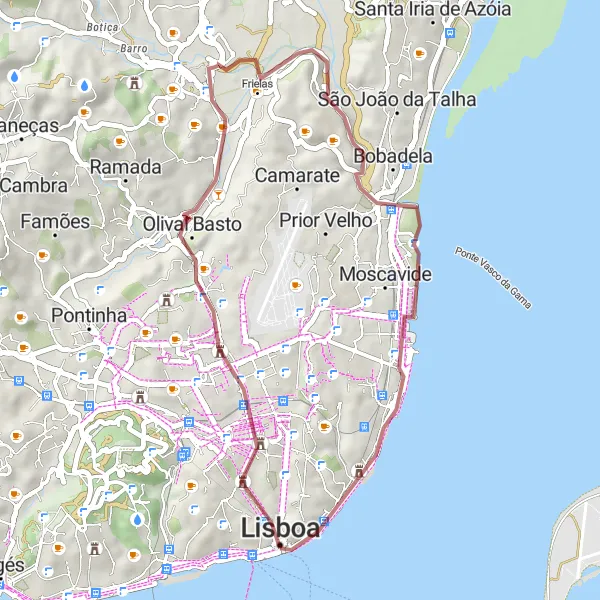 Miniatura do mapa de inspiração para ciclismo "Caminho do Tejo e Miradouros de Lisboa" em Área Metropolitana de Lisboa, Portugal. Gerado pelo planejador de rotas de ciclismo Tarmacs.app