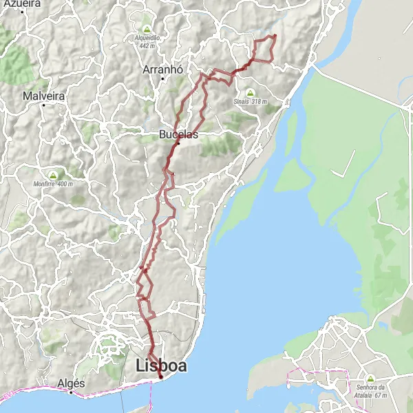 Miniatura do mapa de inspiração para ciclismo "Rota de 91km em Gravel ao redor de Lisboa" em Área Metropolitana de Lisboa, Portugal. Gerado pelo planejador de rotas de ciclismo Tarmacs.app