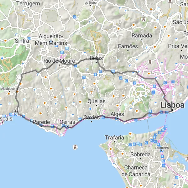 Map miniature of "The Scenic Road Loop featuring Miradouro de Santa Catarina, Mosteiro dos Jerónimos, and Rio de Mouro" cycling inspiration in Área Metropolitana de Lisboa, Portugal. Generated by Tarmacs.app cycling route planner
