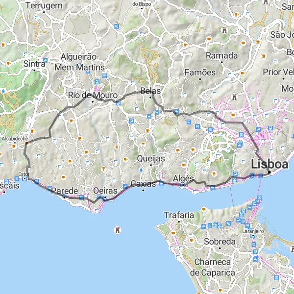 Miniatura do mapa de inspiração para ciclismo "Circuito de 61km em Estrada com vistas panorâmicas" em Área Metropolitana de Lisboa, Portugal. Gerado pelo planejador de rotas de ciclismo Tarmacs.app