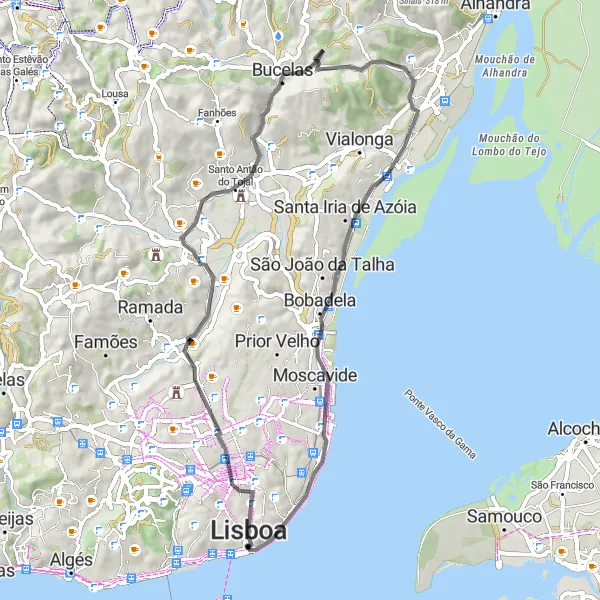 Miniatura do mapa de inspiração para ciclismo "Circuito de 60km em Estrada de Lisboa" em Área Metropolitana de Lisboa, Portugal. Gerado pelo planejador de rotas de ciclismo Tarmacs.app