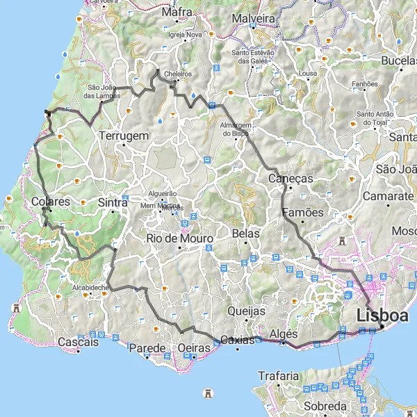 Miniatura do mapa de inspiração para ciclismo "Caminho encantado de Lisboa ao Mar" em Área Metropolitana de Lisboa, Portugal. Gerado pelo planejador de rotas de ciclismo Tarmacs.app