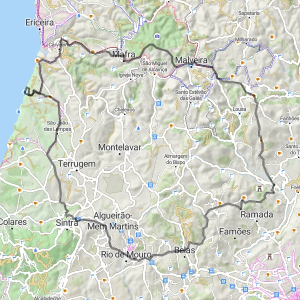 Miniatura do mapa de inspiração para ciclismo "Circuito de Mafra" em Área Metropolitana de Lisboa, Portugal. Gerado pelo planejador de rotas de ciclismo Tarmacs.app