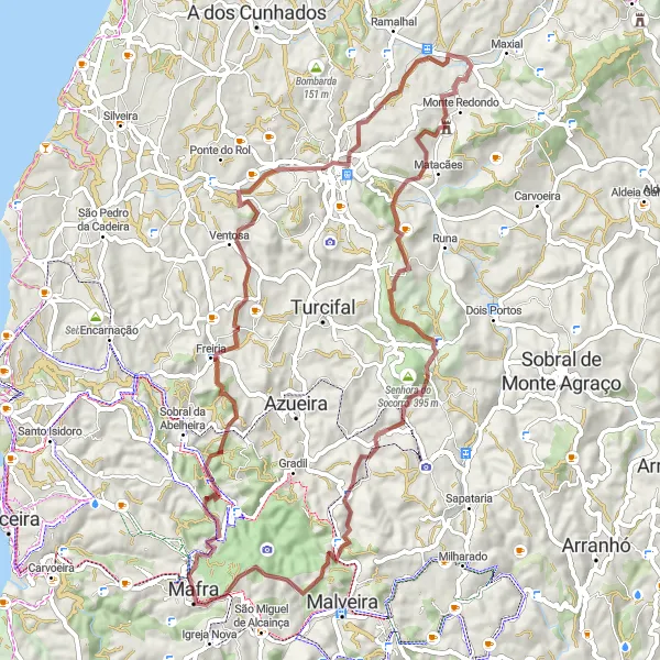 Miniatura do mapa de inspiração para ciclismo "Desafio Pelas Colinas de Mafra" em Área Metropolitana de Lisboa, Portugal. Gerado pelo planejador de rotas de ciclismo Tarmacs.app