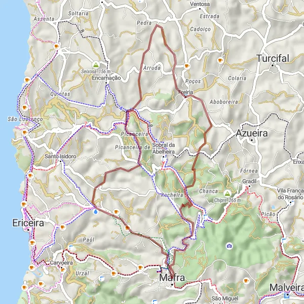 Miniatura do mapa de inspiração para ciclismo "Rota das Aldeias de Mafra" em Área Metropolitana de Lisboa, Portugal. Gerado pelo planejador de rotas de ciclismo Tarmacs.app