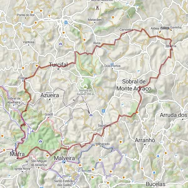 Miniatura do mapa de inspiração para ciclismo "Rota das Colinas de Mafra" em Área Metropolitana de Lisboa, Portugal. Gerado pelo planejador de rotas de ciclismo Tarmacs.app