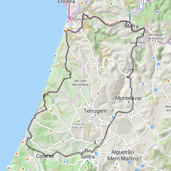 Miniatura do mapa de inspiração para ciclismo "Rota Histórica de Mafra" em Área Metropolitana de Lisboa, Portugal. Gerado pelo planejador de rotas de ciclismo Tarmacs.app