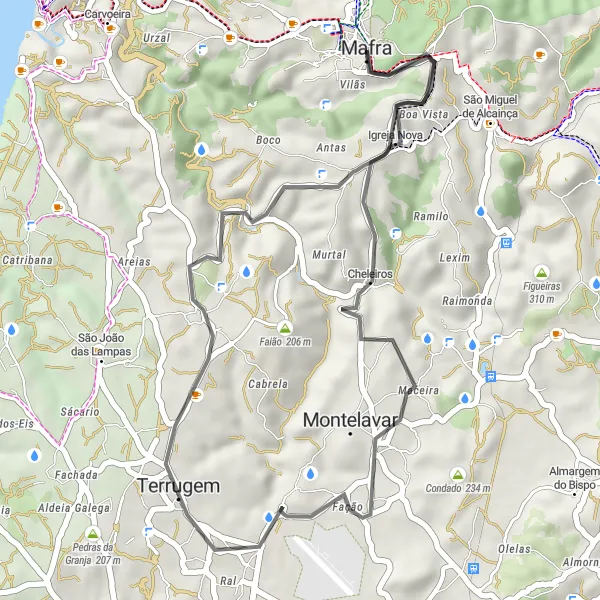 Miniatura do mapa de inspiração para ciclismo "Rota das Colinas de Mafra" em Área Metropolitana de Lisboa, Portugal. Gerado pelo planejador de rotas de ciclismo Tarmacs.app