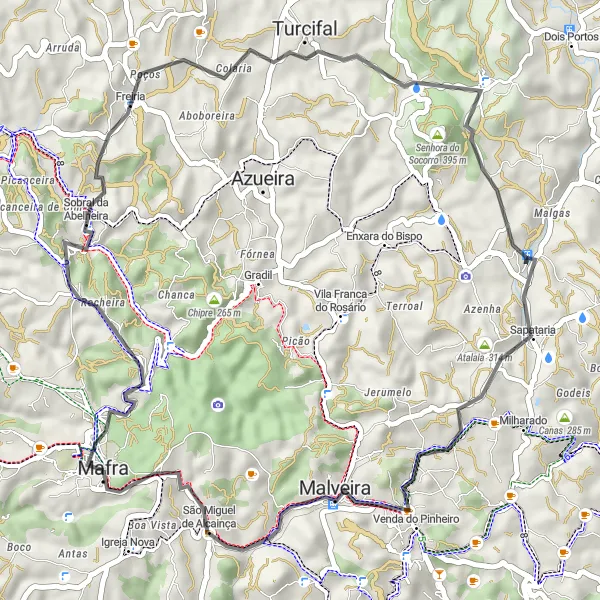 Miniatura do mapa de inspiração para ciclismo "Caminho dos Vinhedos de Mafra" em Área Metropolitana de Lisboa, Portugal. Gerado pelo planejador de rotas de ciclismo Tarmacs.app