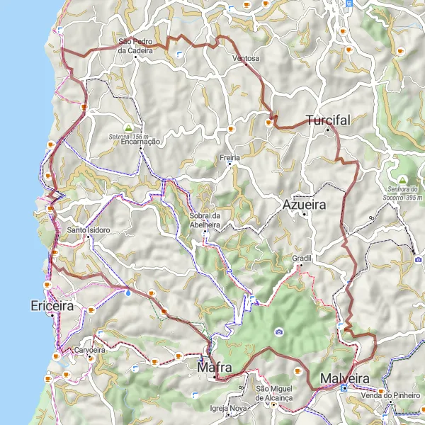 Map miniature of "Malveira Gravel Adventure" cycling inspiration in Área Metropolitana de Lisboa, Portugal. Generated by Tarmacs.app cycling route planner